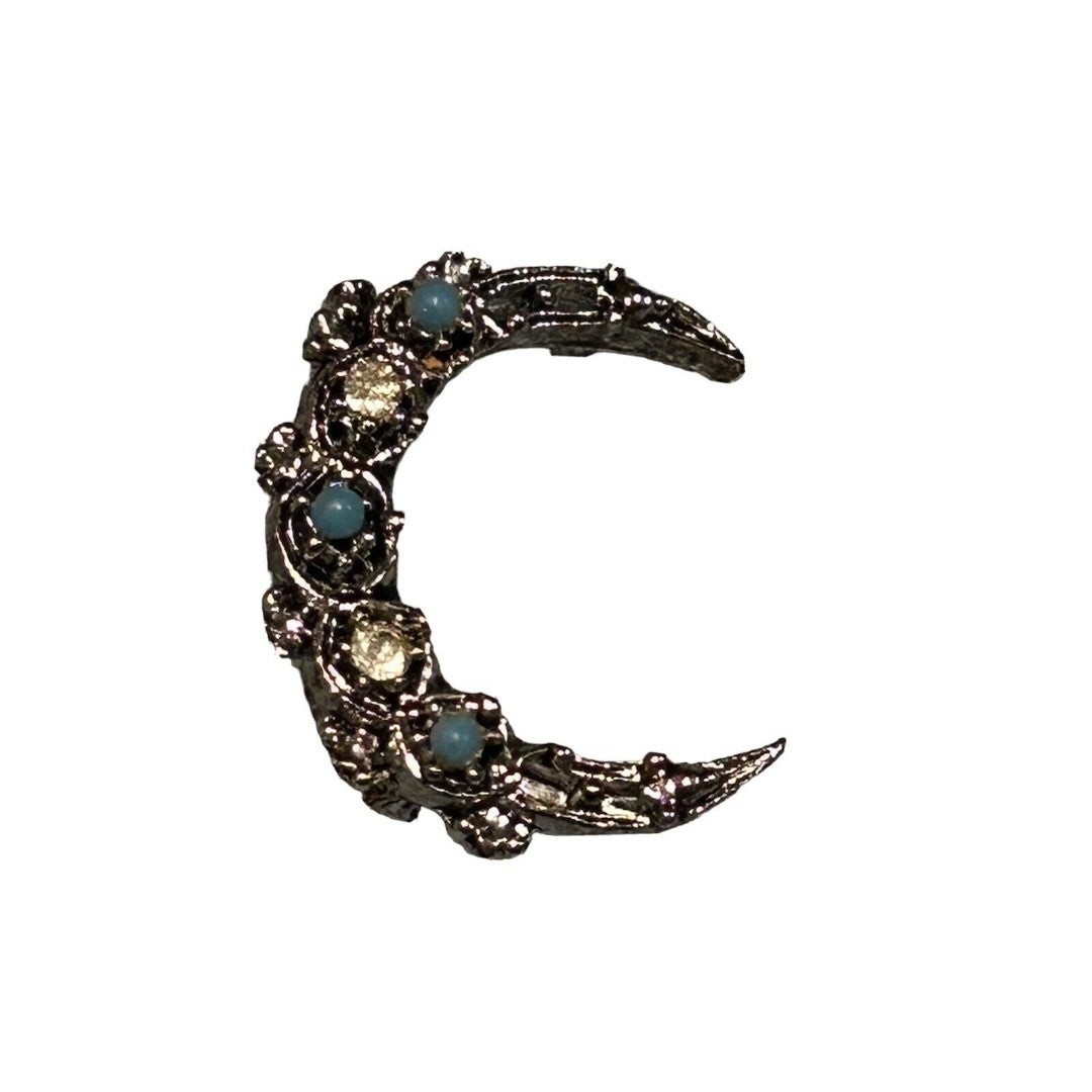 Vintage Gerry’s Silver Turquoise And Clear Rhinestone Crescent Moon Brooch Pin